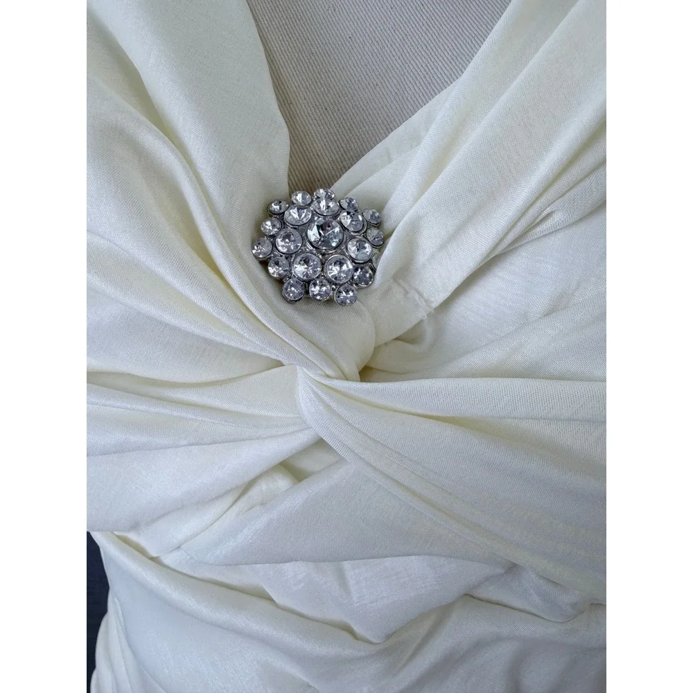 Vintage Jessica McClintock Ivory Ruched Mermaid Gown Rhinestone Brooch 10 - Picture 8 of 11